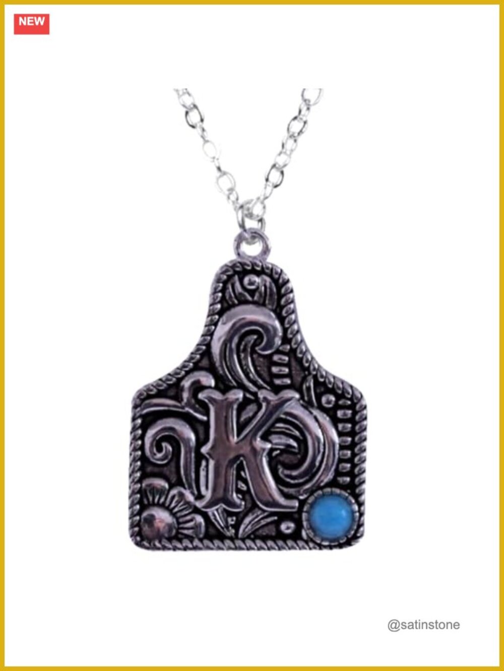 925 Sterling Silver Cattle Tag Initial Necklace with Turquoise 19 inches